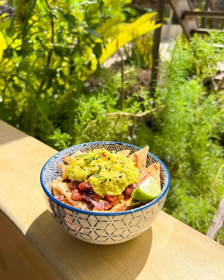 A bowl of nachos with beans and guacamole